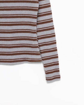 High-neck striped slim rib brushed long T-shirt
