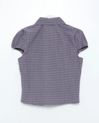 Puff-sleeve checkered blouse