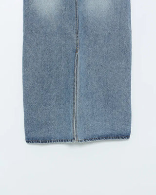 H-line elastic waist long denim skirt