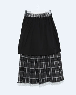 Check pattern lace detail long skirt