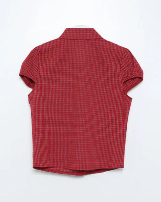 Checked shirred short-sleeved blouse