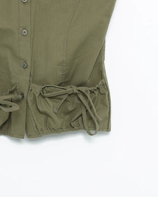 Cap-sleeve drawstring pocket button blouse
