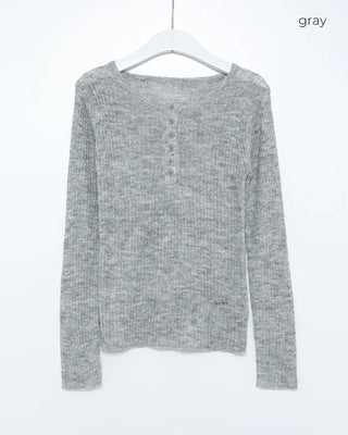 Henley neck sheer ribbed knit