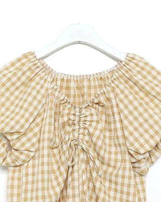 Checked Shirred V-Neck Blouse
