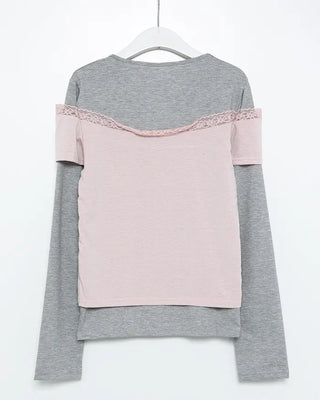 Lace off-shoulder layered long t-shirt