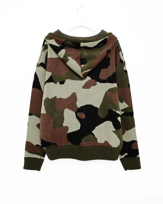 Camouflage knit hooded zip-up