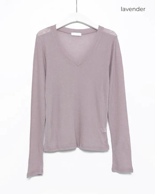 V-neck wool Tencel ribbed sheer long T-shirt