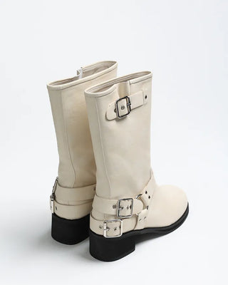Round-toe biker mid-calf boots