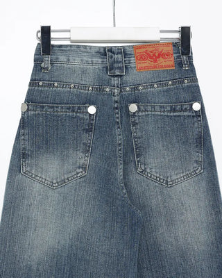 Mixed stud deep whisker wash denim pants
