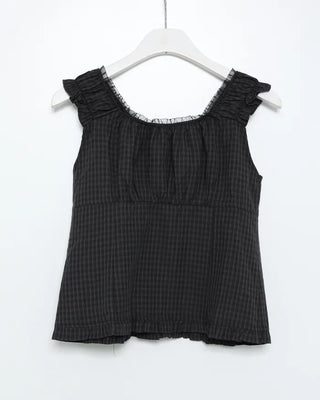 Lace shoulder shirred sleeveless blouse