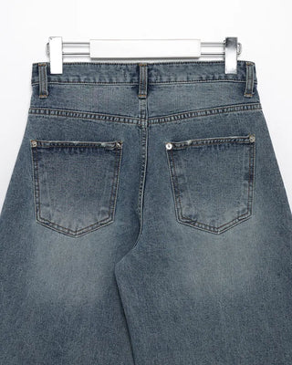 Studded distressed hem balloon denim pants