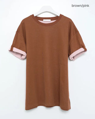 (Unisex) Roll-up Point Bi-color Short-Sleeve T-Shirt