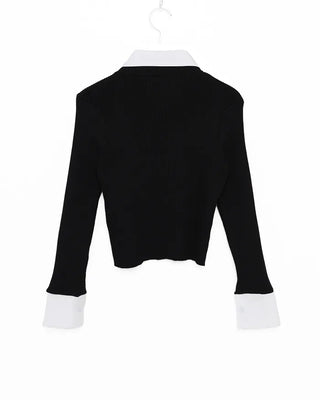 Shirt-layered long-sleeved cardigan