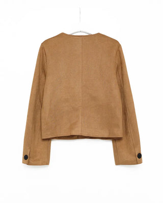 Collarless suede jacket