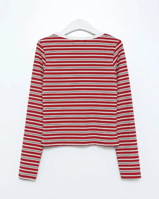 Striped Henley Neck Long T-Shirt