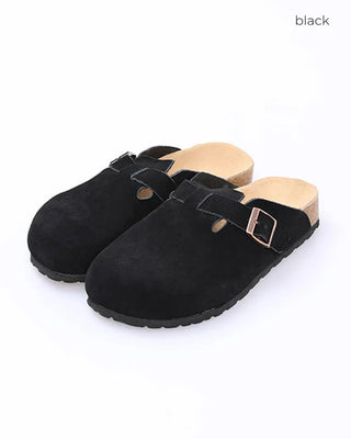Suede texture buckle mules
