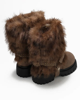 Harness-attached pattern fur suede short boots