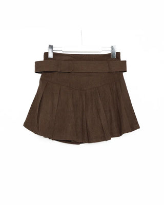 Belted corduroy pleated mini skirt