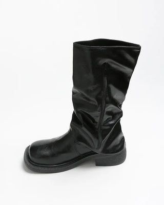 Square-toe triple-strap mid-calf boots