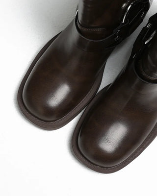 Double-belt round harness mid-calf boots