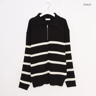 (Unisex) Color Semi-Zip Striped Knitwear