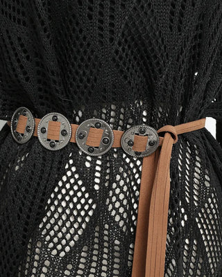 Sleeveless perforated knit set with belt