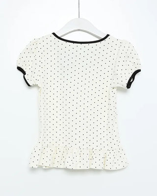 Two-tone polka dot frill puff sleeve T-shirt