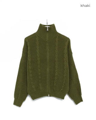 Cable knit high neck half-zip sweater