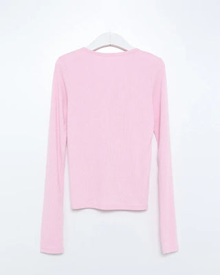 Henley neck long-sleeved T-shirt