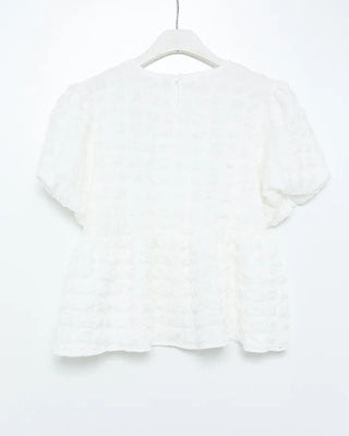 Oversized embossed shirred short-sleeved blouse