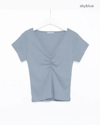 V-neck polka dot shirred half T-shirt