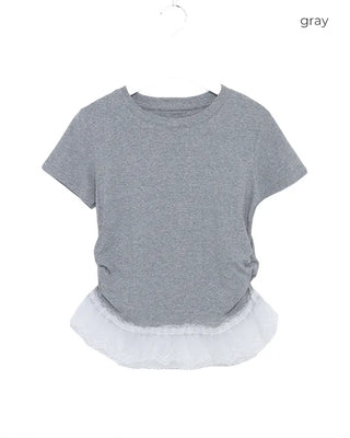 Lace Shirring Half-Sleeve T-Shirt