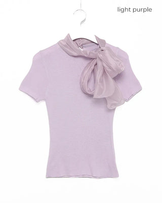Scarf Ribbon Neck Short Sleeve Knit