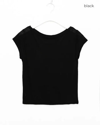 See-through off-shoulder cap t-shirt