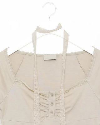 Shirred lace tie T-shirt