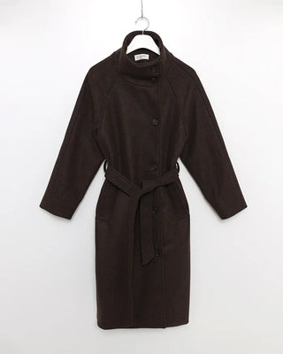 High-neck belted long coat