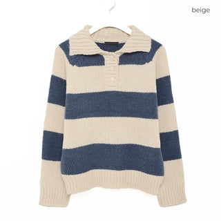 Striped button collar knit