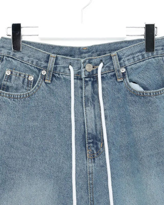Straight-leg denim pants with string waistband