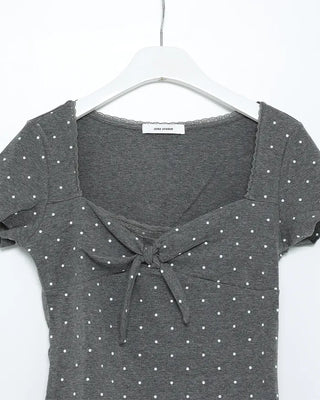 Lace trim polka dot front ribbon short-sleeved T-shirt