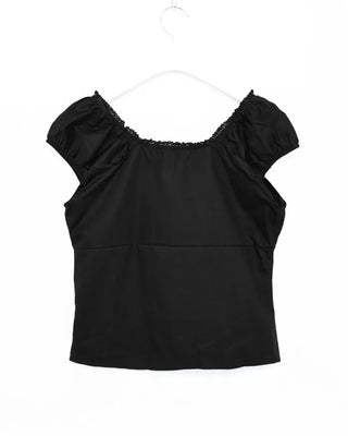 2-Way Gathered Elastic Lace Neck Button Blouse