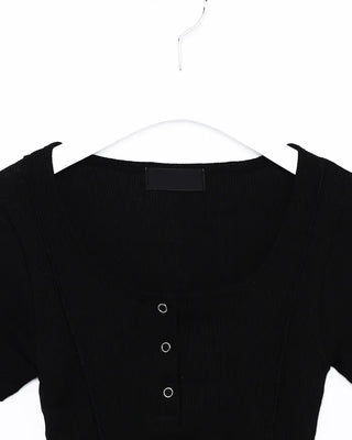 Side Shirring Button Half Sleeve T-Shirt