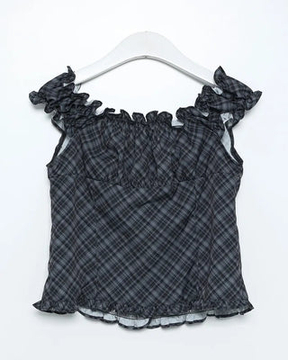Checked Shirred Short Sleeve Blouse