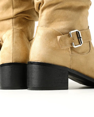 Buckle Shirring Mid-Calf Boots