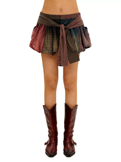 [Moromoro2] Patchwork Plaid Tie-Waist Bud  Skirt