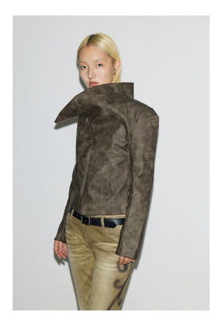 CONP Cross Collar Leather Jacket (Brown)