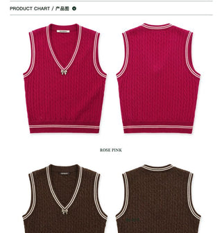 [Moromoro2] Cable Knit Bow Detail V-Neck  Vest