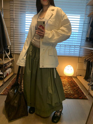 [NEVERSEEZ] Asymmetric Pocket A-Line Pleated Skirt