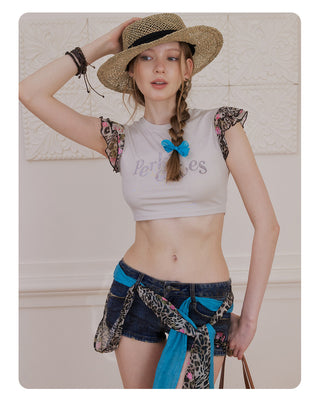 [NECY] Floral Leopard Flutter Crop Top