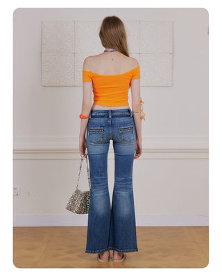 [NECY] Cross Zip Pocket Washed Slim Flare Jeans