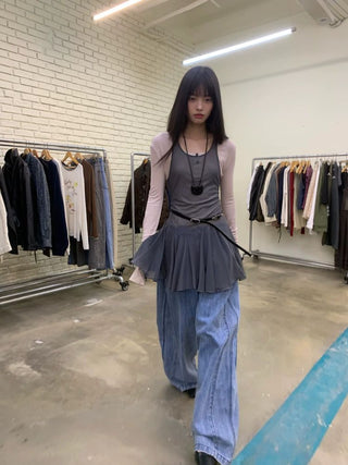 [NeverSeez] Mesh Layered Pleated Vest Dress